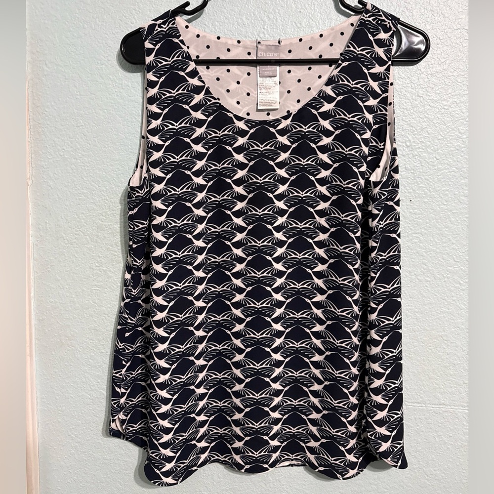 Chico’s women reversible polka dots birds print sleeveless tank Size 1/M NWOT